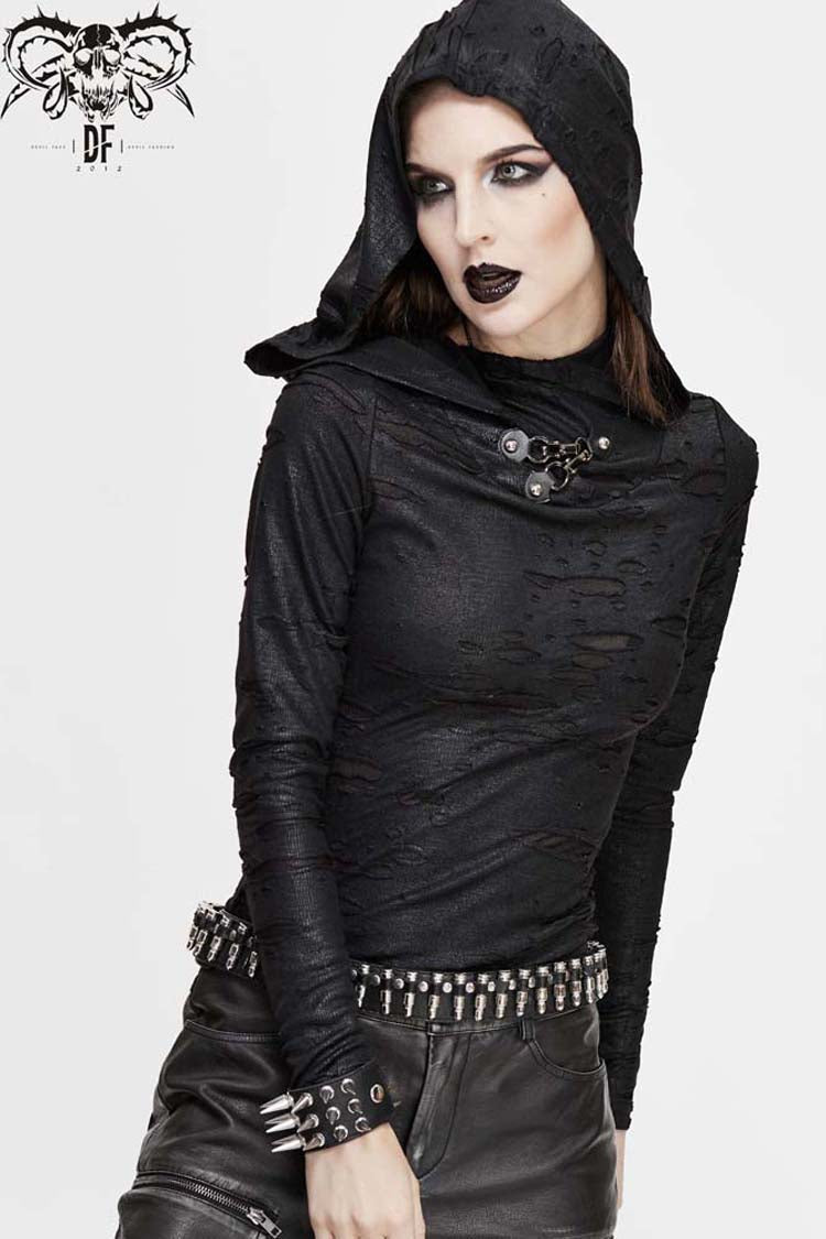 Black Hooded Snakeskin Ripped Pattern Triangle Metal Nail Asymmetrical Women's Punk Shirt - Product - 6