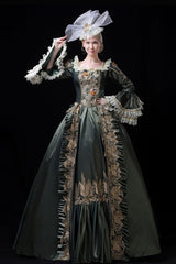 Multi-Layer Long Sleeves Trumpet Sleeves High Waisted Hollow Embroidery Print Victorian Lolita Prom Dress - Green - 6