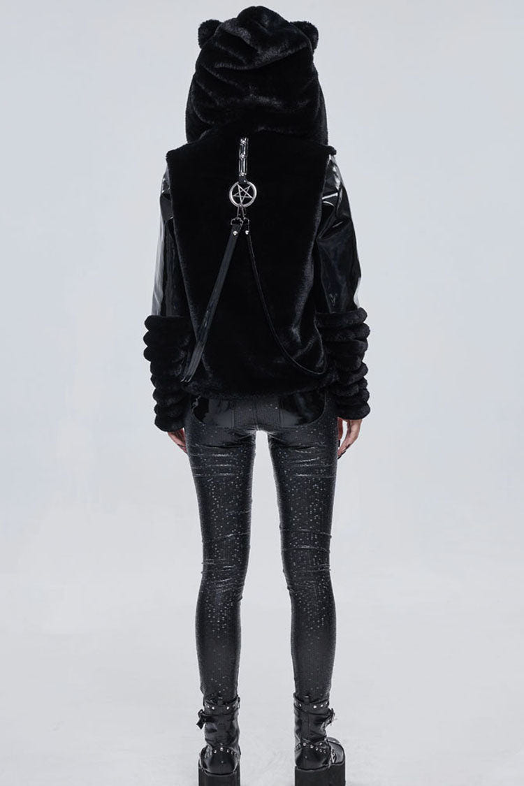 Black Punk Cuff Pleated Design Metal Five-Pointed Star Shape Belt Decoration Cat Ear Women's Coat - Product - 7