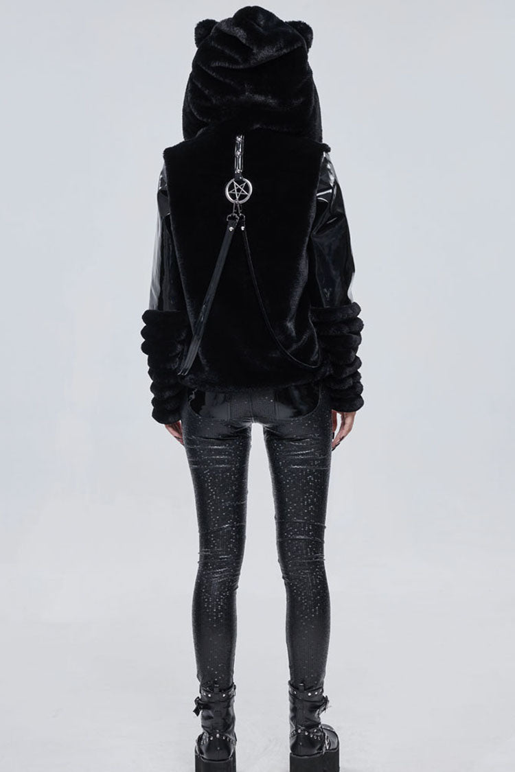 Black Punk Cuff Pleated Design Metal Five-Pointed Star Shape Belt Decoration Cat Ear Women's Coat - Product - 7