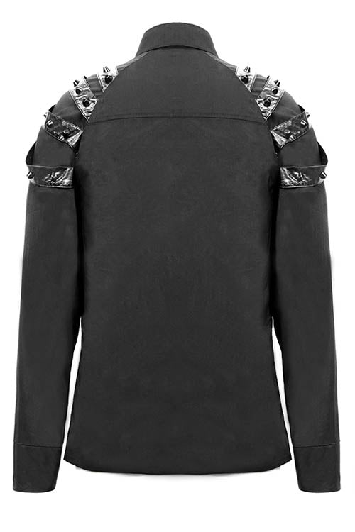 Black Long Sleeve Shoulder Zipper Mens Punk Blouse - Product - 7