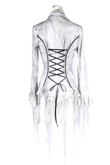 White Printed V-Neck Long Sleeve Flare Cuff Back Waist Lace-Up Irregular Lace Tassels Hem Women's Gothic Blouse - Product - 10