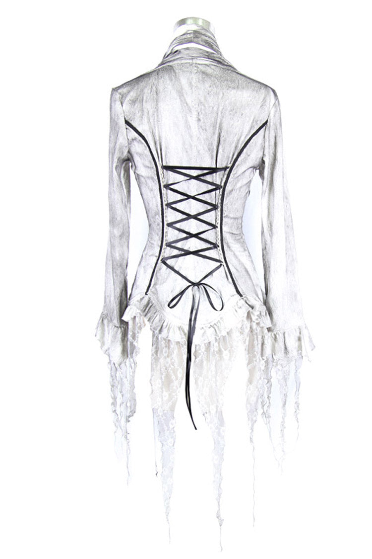 White Printed V-Neck Long Sleeve Flare Cuff Back Waist Lace-Up Irregular Lace Tassels Hem Women's Gothic Blouse - Product - 10