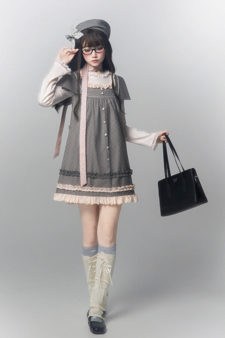 グレー [Polka Dot Bouclé] ラウンドカラー 長袖 プリント フリル 重ね着風 スウィート 和風 ロリータワンピース 商品画像