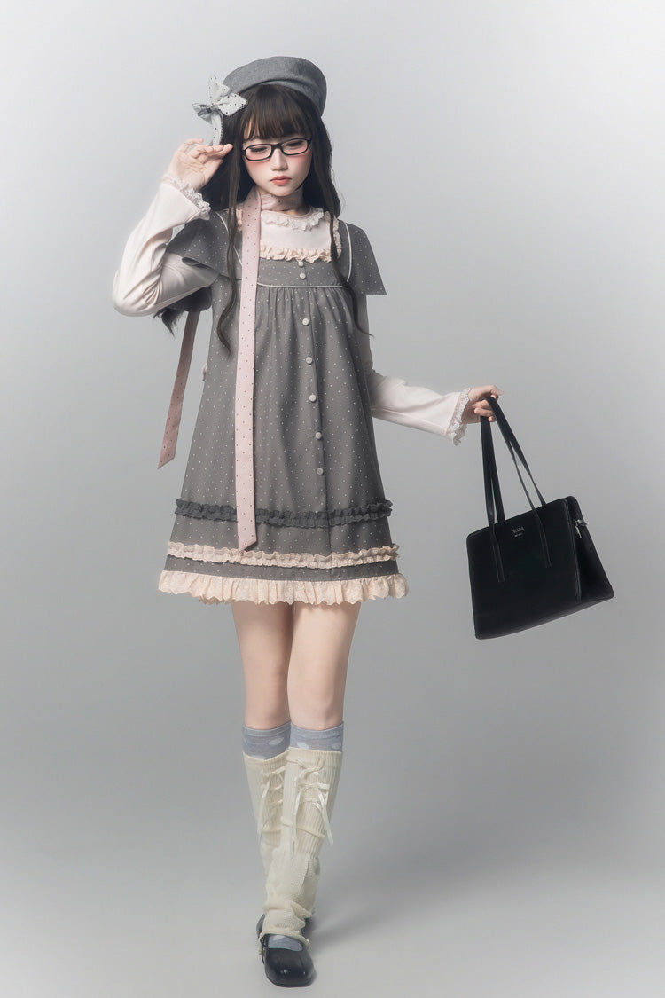 Grey [Polka Dot Bouclé] Round Collar Long Sleeves Printed Ruffled Faux Two-Piece Sweet Japanese Lolita Dress - Product - 4