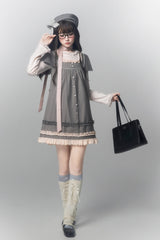 Grey [Polka Dot Bouclé] Round Collar Long Sleeves Printed Ruffled Faux Two-Piece Sweet Japanese Lolita Dress - Product - 4