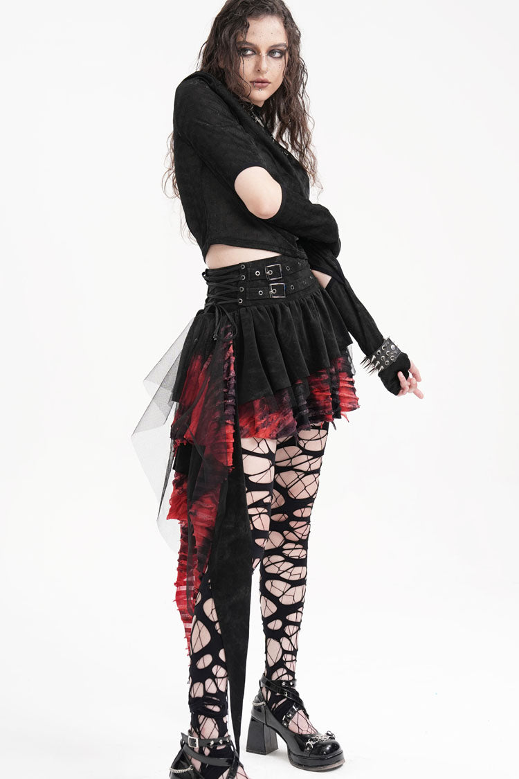 Black/Red Stitching Irregular Mesh Women's Gothic Skirt - Product - 8