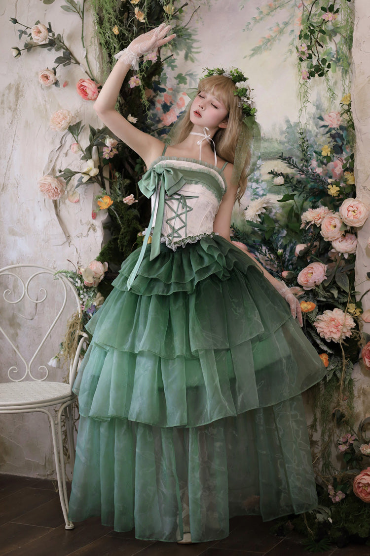 Green [Lily of the Valley in Falling Snow] Sleeveless Triple-Layered Ruffled Bow Lace-Up Sweet Elegant Lolita Skirt Dress Set - Green - 1