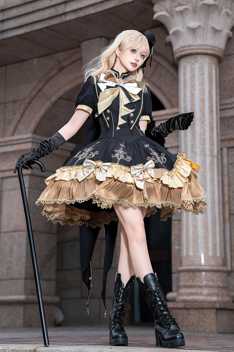 Black [Gilded Oath] Short Sleeves Double-Layered Ruffle Embroidery Bowknot Gothic Lolita Dress - Product - 18
