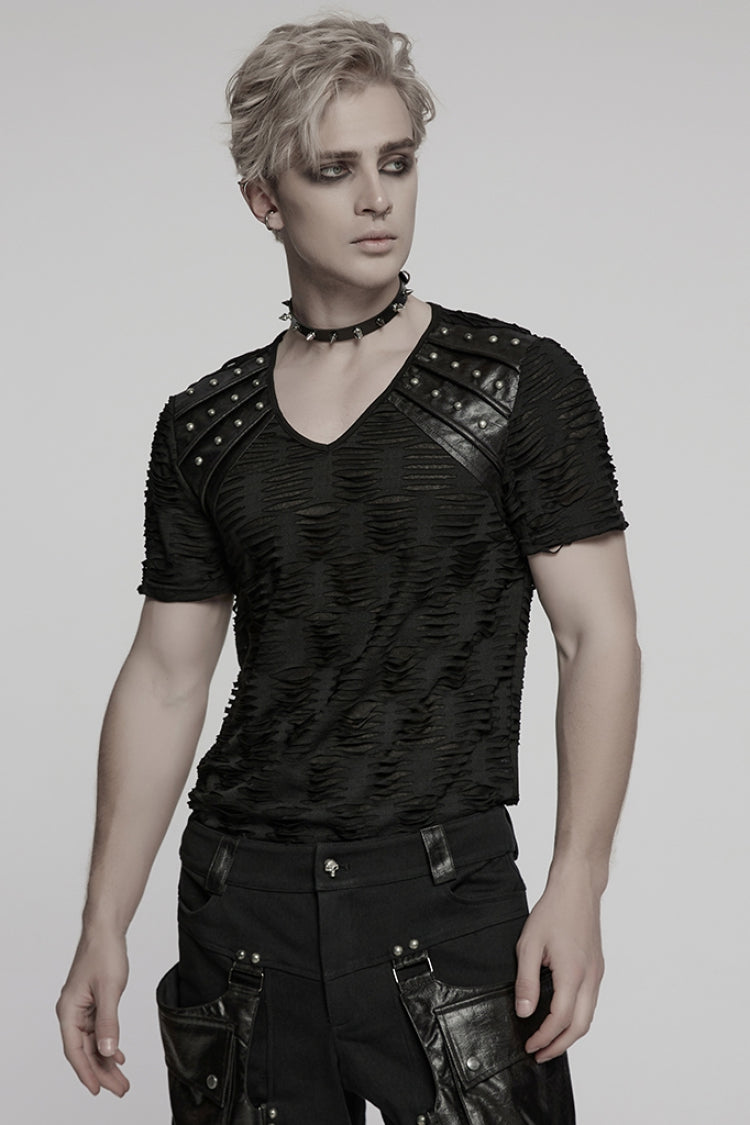 Black Short Sleeves Jacquard Faux Leather Stitching Ripped Rivet Men's Punk T-Shirt - Product - 2