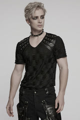 Black Short Sleeves Jacquard Faux Leather Stitching Ripped Rivet Men's Punk T-Shirt - Product - 2