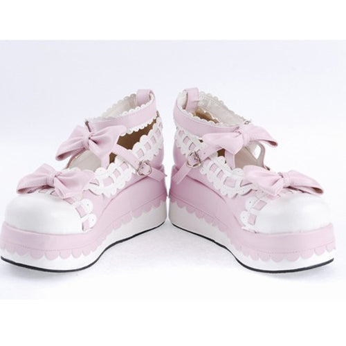 Pink Synthetic Leather Round Toe Ankle Straps Bow Decoration Platform Lolita Shoes - Product - 4