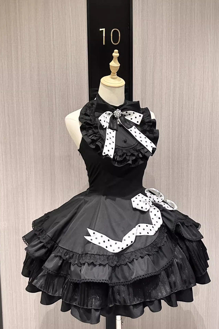 Black Multi-Layered Polka Dots Print Ruffle Bowknot Gothic Lolita Dress - Black - 1