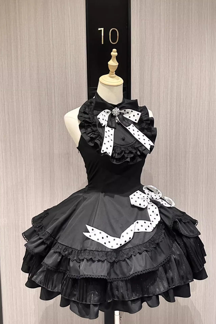 Black Multi-Layered Polka Dots Print Ruffle Bowknot Gothic Lolita Dress - Black - 1