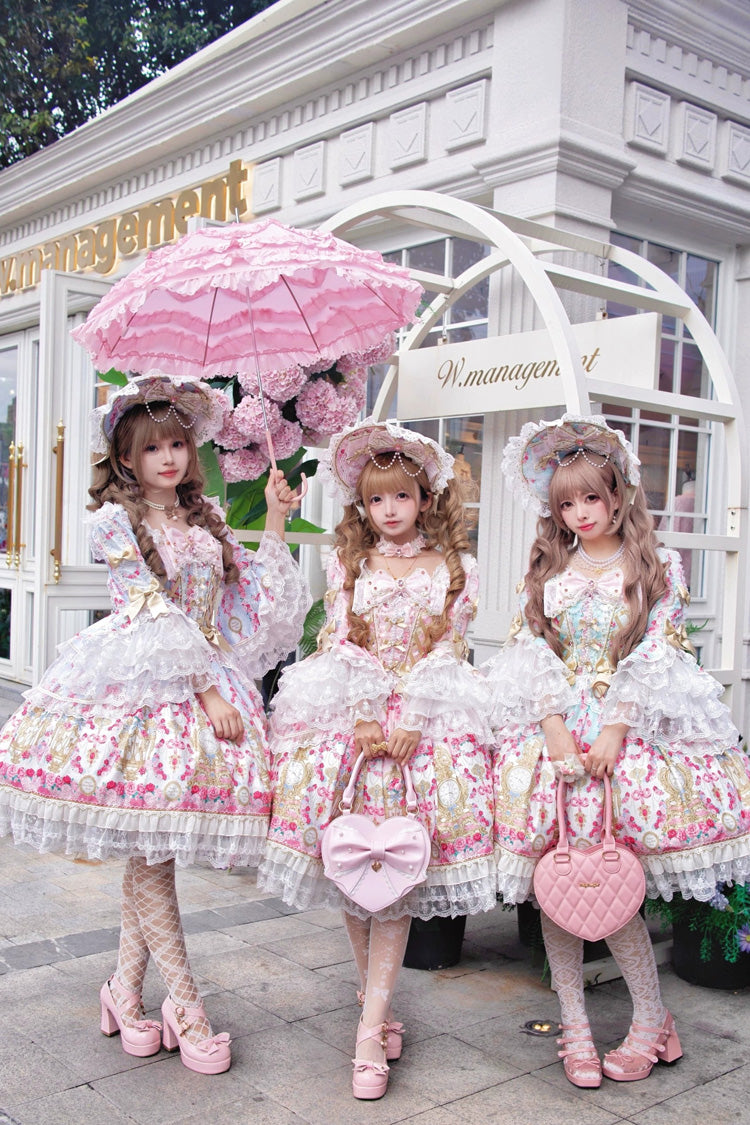 Mint Green/Pink [Rose Garden Prelude] Square Collar Long Trumpet Sleeves Printed Ruffled Bow Lace Lace-Up Sweet Lolita Dress - Product - 10
