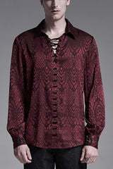 Jacquard Long Sleeve Front Metal Eyelets Lace Up Metal Carving Buckle Cuff Men's Gothic Shirt 3 Colors - Red - 2