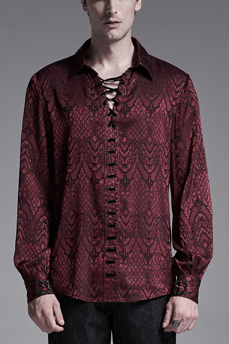 Jacquard Long Sleeve Front Metal Eyelets Lace Up Metal Carving Buckle Cuff Men's Gothic Shirt 3 Colors - Red - 2