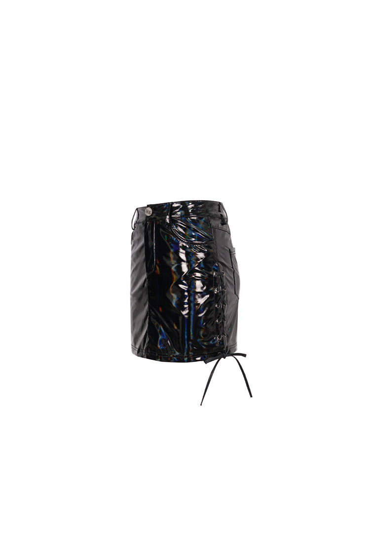 Black Iridescent Mirrored Side Slit Adjustable Women's Gothic Skirt - Product - 7