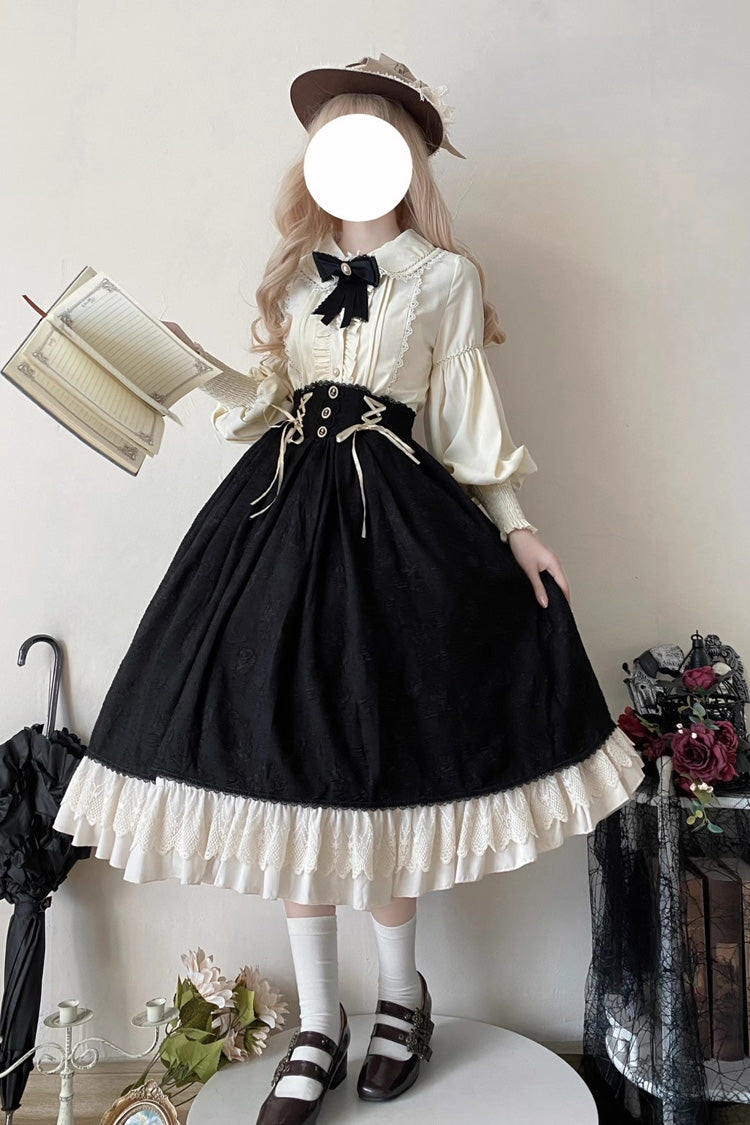 Black [Heart of Rose] High Waisted Ruffle Embroidery Lace-Up Sweet Vintage Elegant Palace Lolita Skirt - Product - 8
