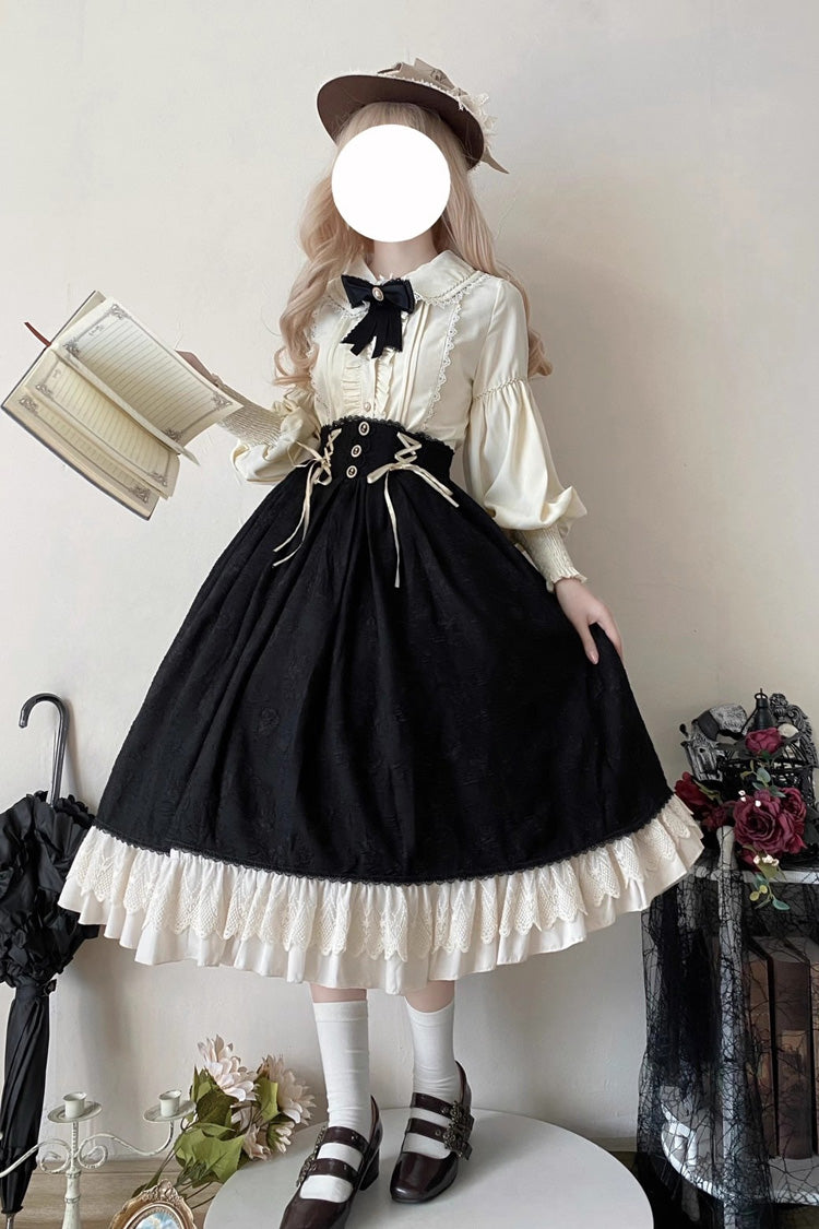 Black [Heart of Rose] High Waisted Ruffle Embroidery Lace-Up Sweet Vintage Elegant Palace Lolita Skirt - Product - 8