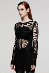 Black Long Sleeves Hollow Sheer Ripped Women's Steampunk Long Sweater - Product - 2