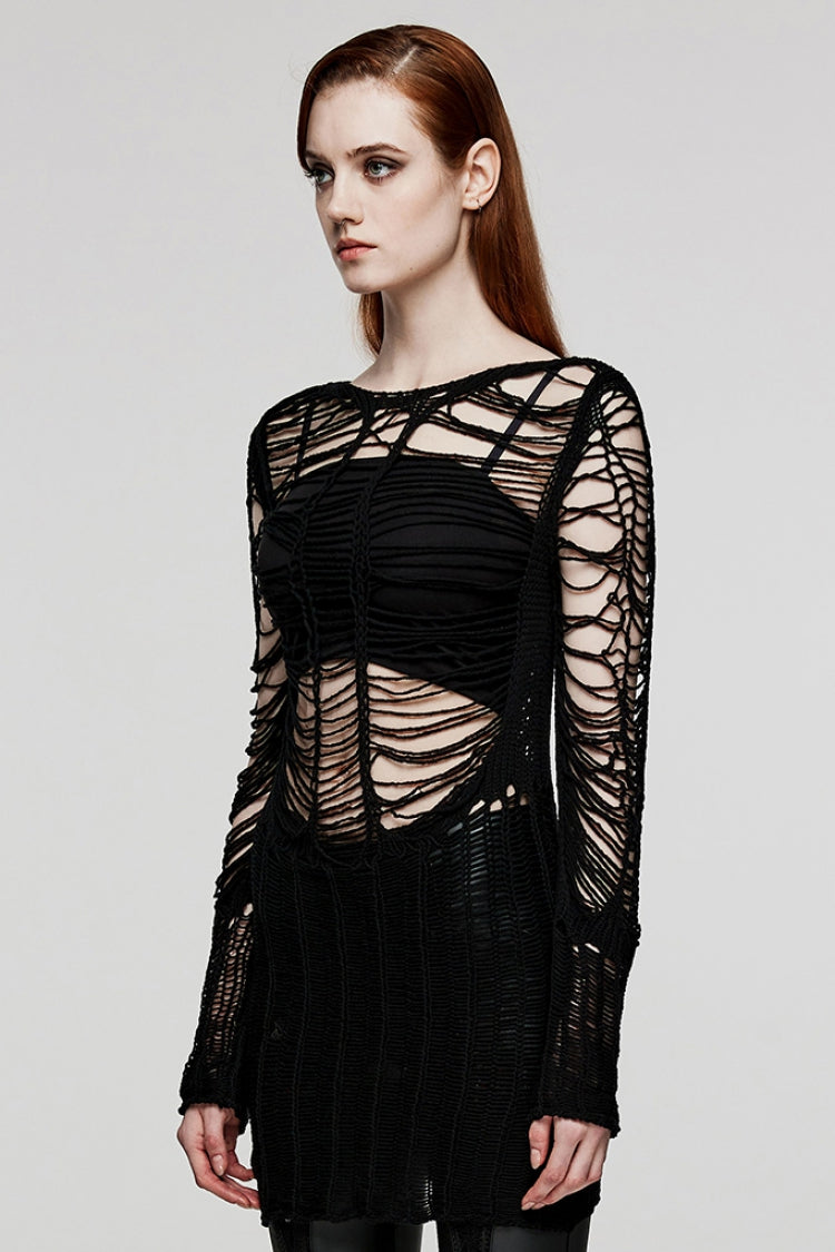 Black Long Sleeves Hollow Sheer Ripped Women's Steampunk Long Sweater - Product - 2