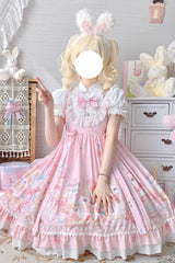 Pink Cute Cat Print High Waisted Ruffle Bowknot Sweet Princess Lolita JSK Dress - Product - 8