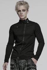 Black Stand Collar Long Sleeves Asymmetric Zipper Men's Punk Blouse - Product - 2