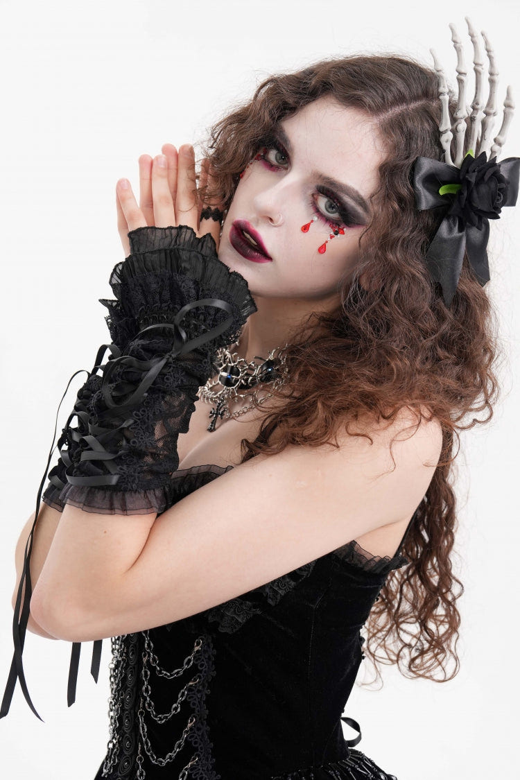 Black Bow Lace Lace-Up Mesh Eyelet Women's Gothic Gorgeous Palace Arm Sleeves - Product - 11
