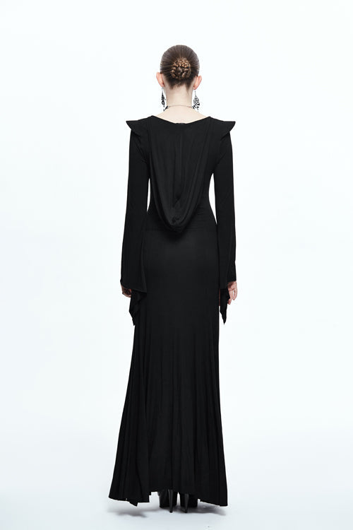 Black Sexy Stretchy Hooded Knitted Flared Sleeves Fishtail Womens Gothic Dress - Product - 5