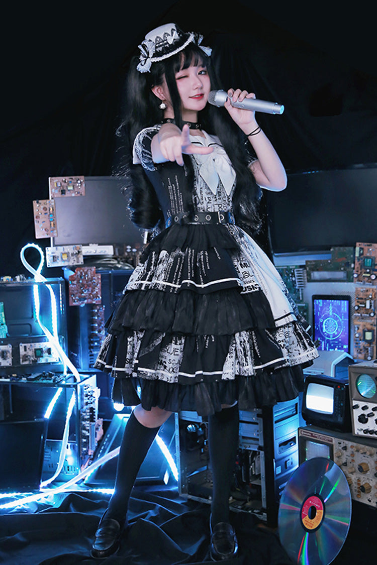 Black Short Sleeves Multi-Layered Print Ruffle Bowknot Asymmetric Punk College Style Lolita Dress - Product - 7