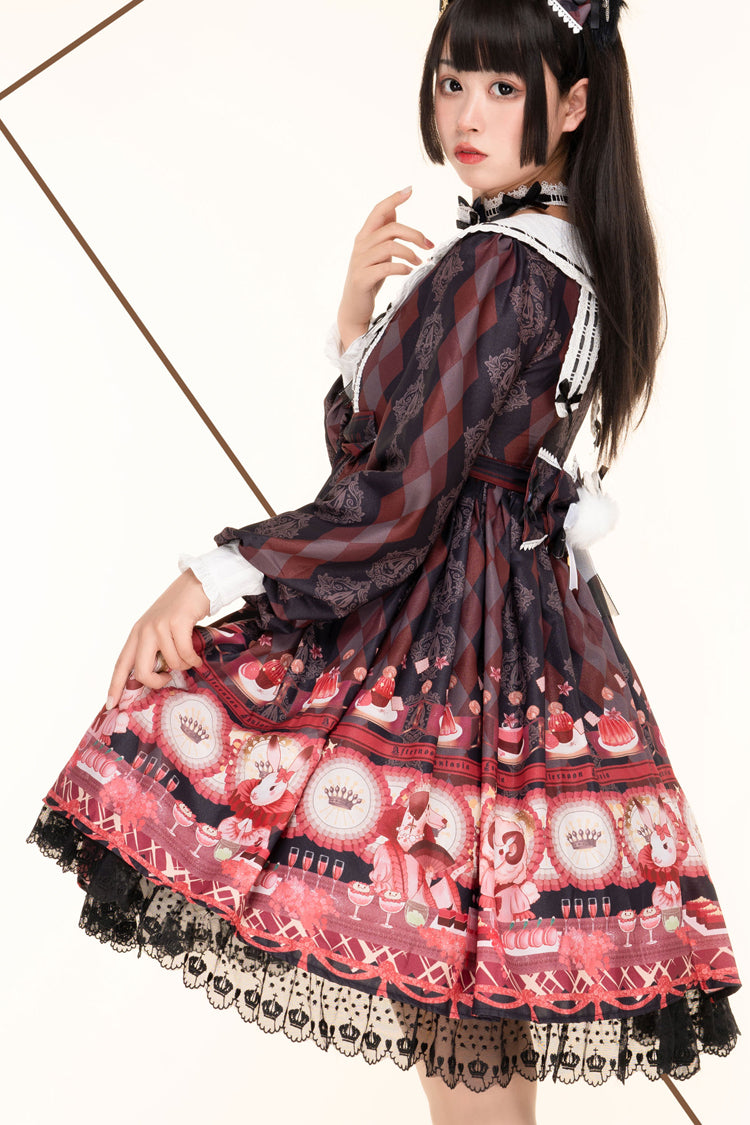 Black [Afternoon Fantasia] Long Sleeves Print Ruffle Bowknot Sweet Lolita Jsk Dress - Product - 5