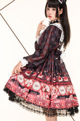 Black [Afternoon Fantasia] Long Sleeves Print Ruffle Bowknot Sweet Lolita Jsk Dress - Product - 5