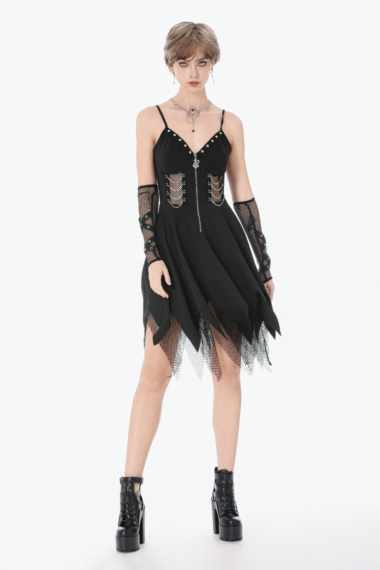 Black Sleeveless Mesh Spliced Studded Zipper Women's Punk Slip Dress - Product - 8