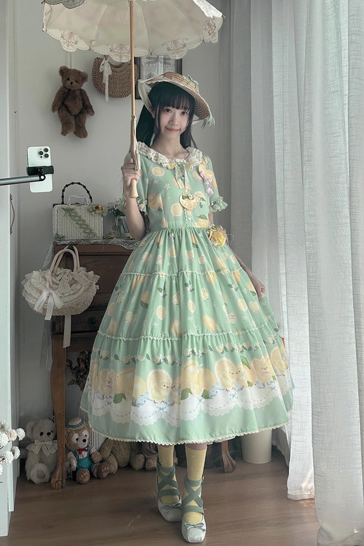 Green [Lemon Chicken] Short Sleeves Print Ruffle Bowknot Lace Daily Sweet Lolita Dress - Product - 5