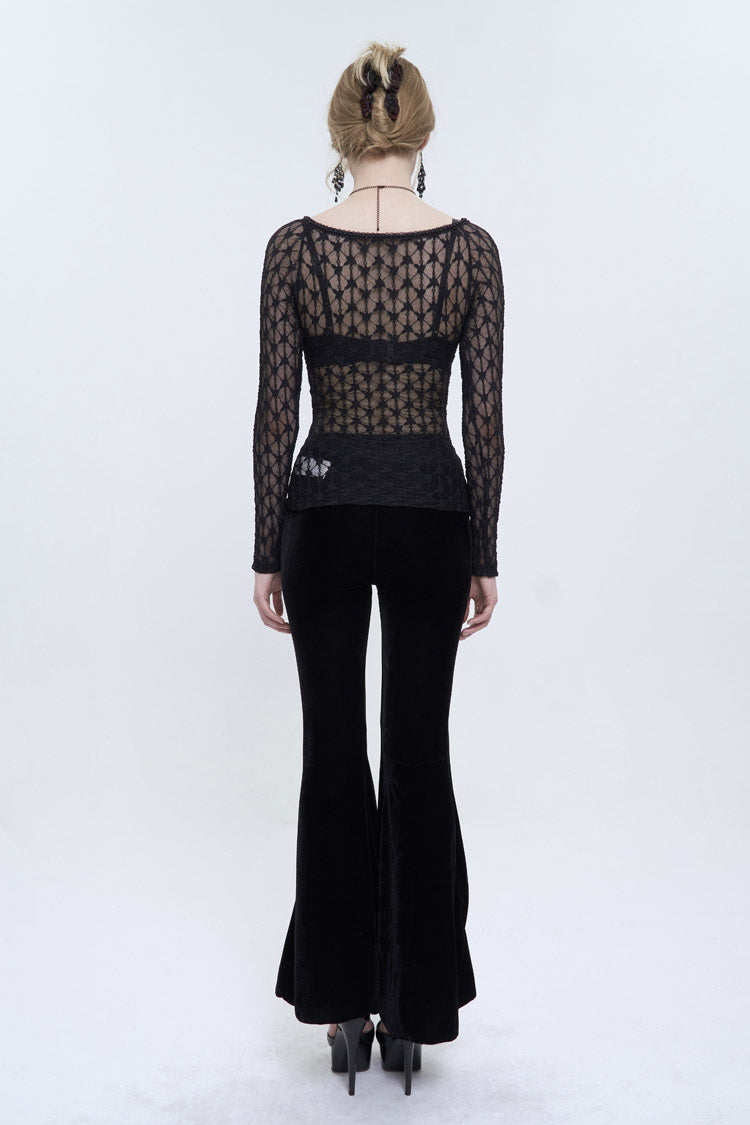 Black Lace Mesh Front Red Diamond Long Sleeve Transparent Women's Punk T-Shirt - Product - 5