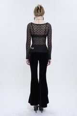 Black Lace Mesh Front Red Diamond Long Sleeve Transparent Women's Punk T-Shirt - Product - 5