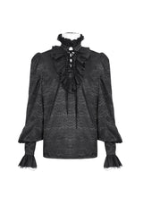 Black Stand Collar Long Sleeves Jacquard Ruffle Men's Gothic Blouse - Product - 5