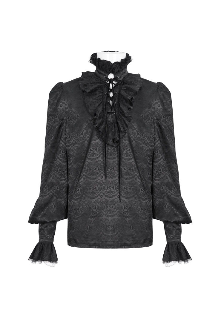 Black Stand Collar Long Sleeves Jacquard Ruffle Men's Gothic Blouse - Product - 5