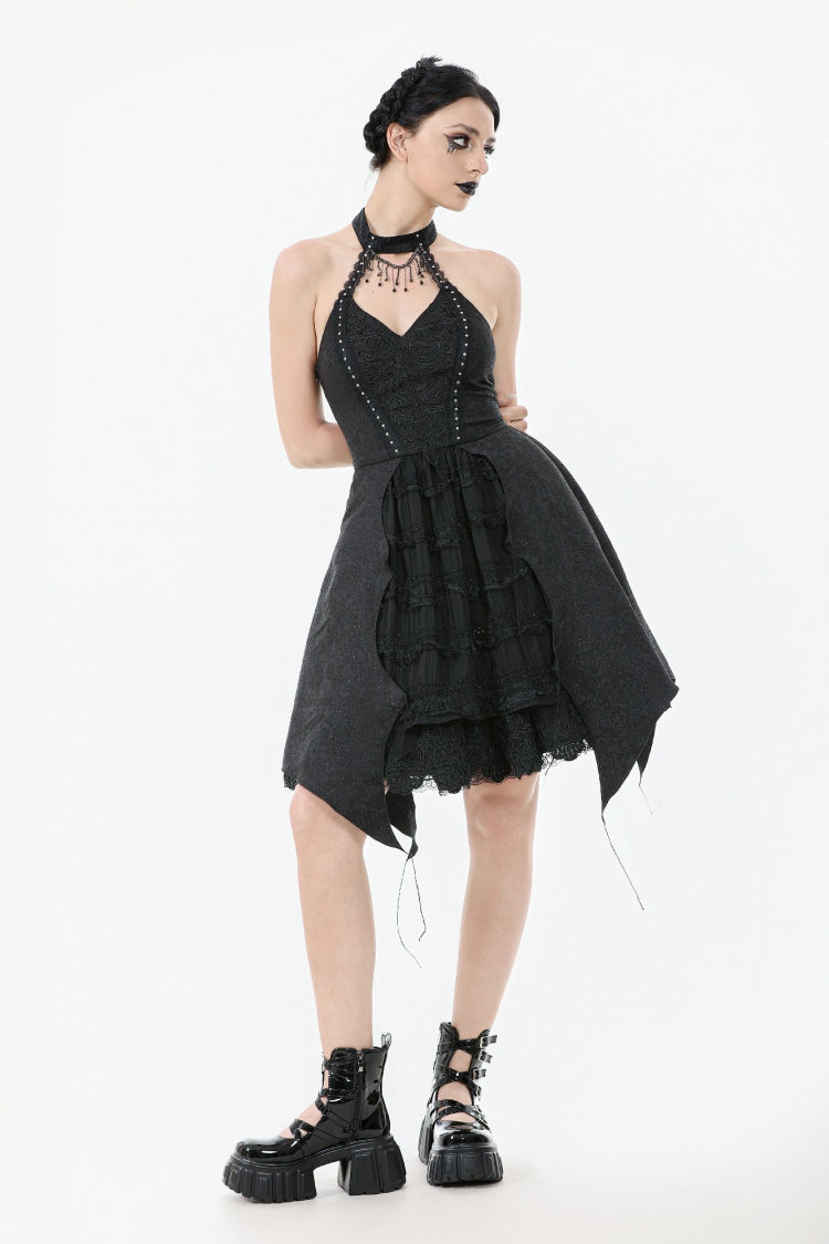 Black Off Shoulder Halterneck Sleeveless Lace Lace-Up Women's Gothic Party Dress - Product - 7