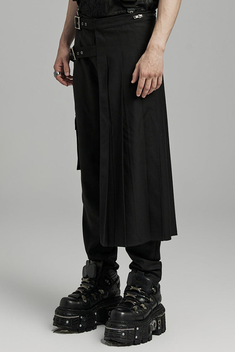 Black Asymmetric Buckle Men's Punk Pleated Skirt - Product - 2