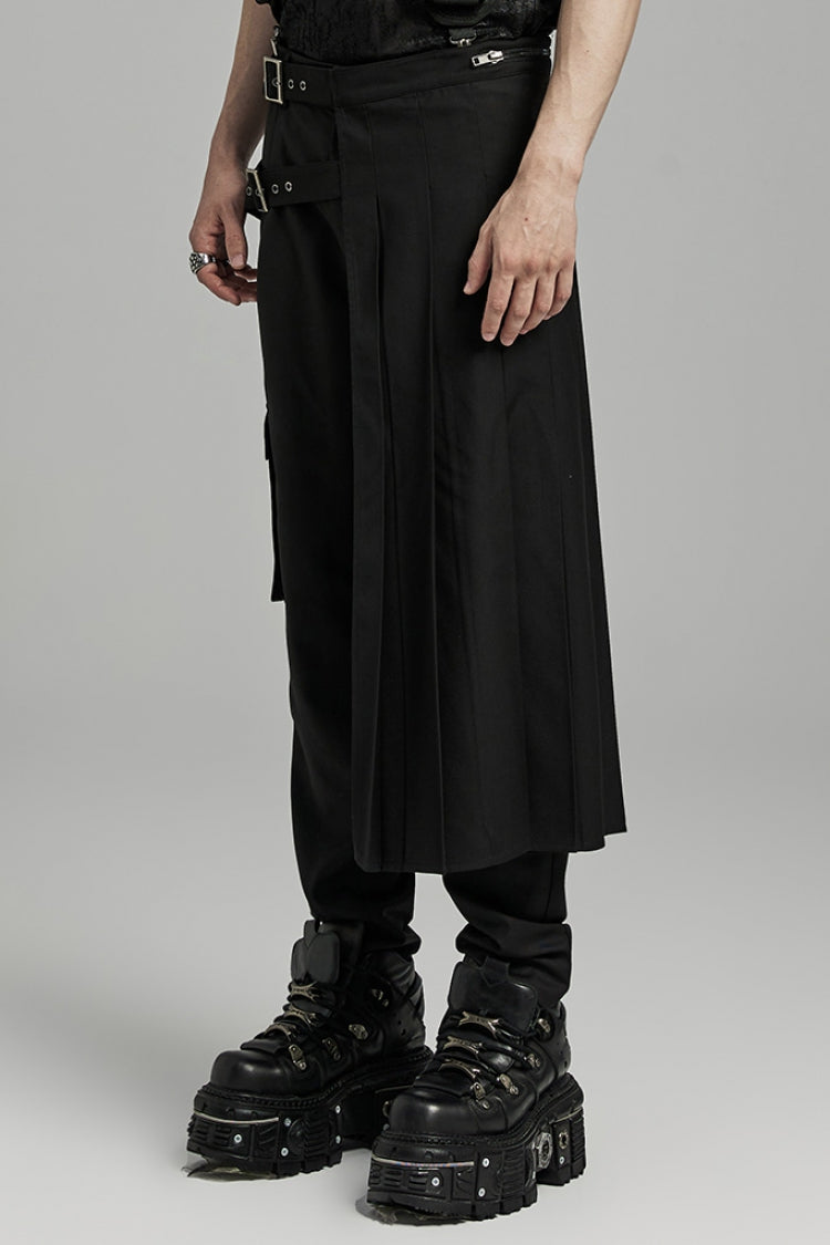 Black Asymmetric Buckle Men's Punk Pleated Skirt - Product - 2