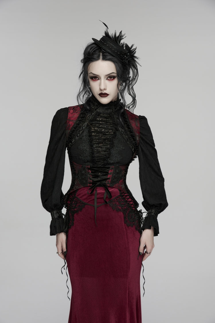 Black/Red Jacquard Embroidered Lace Lace-Up Slim Women's Gothic Vest - Black/Red - 1