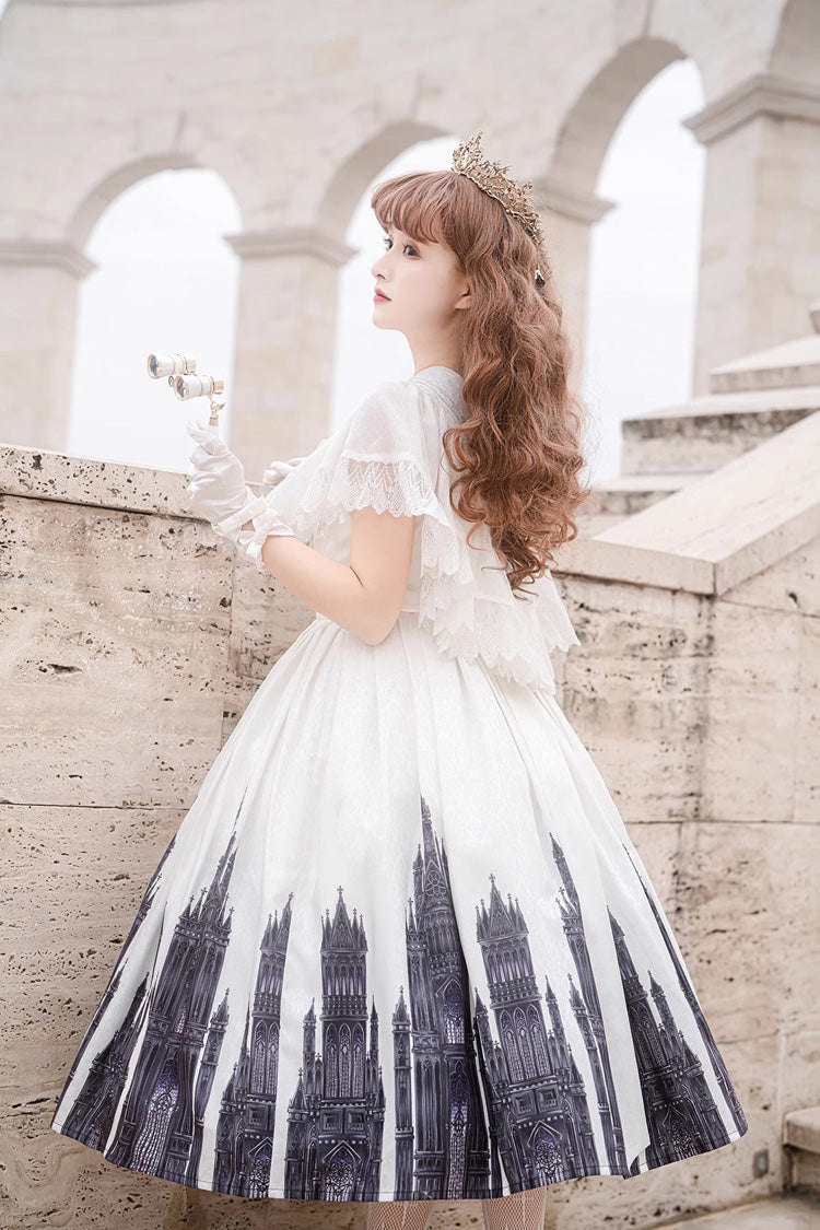 White Sleeveless Print Lace Gothic Vintage Princess Lolita Jsk Dress - Product - 7