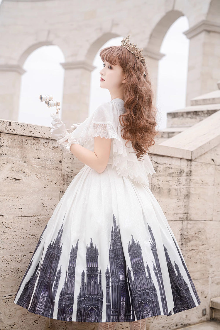 White Sleeveless Print Lace Gothic Vintage Princess Lolita Jsk Dress - Product - 7