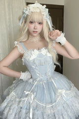 Blue [Candy House] Sleeveless Ruffle Bowknot Lace Lace-Up Sweet Lolita Jsk Dress - Blue - 1