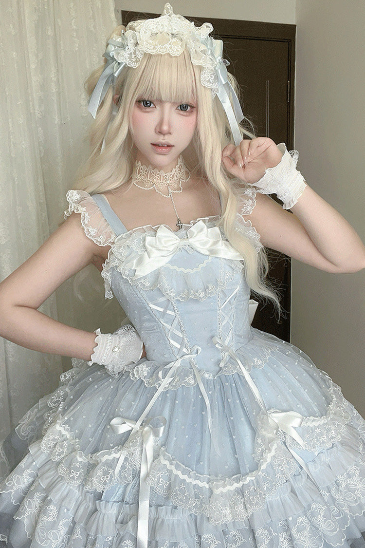 Blue [Candy House] Sleeveless Ruffle Bowknot Lace Lace-Up Sweet Lolita Jsk Dress - Blue - 1