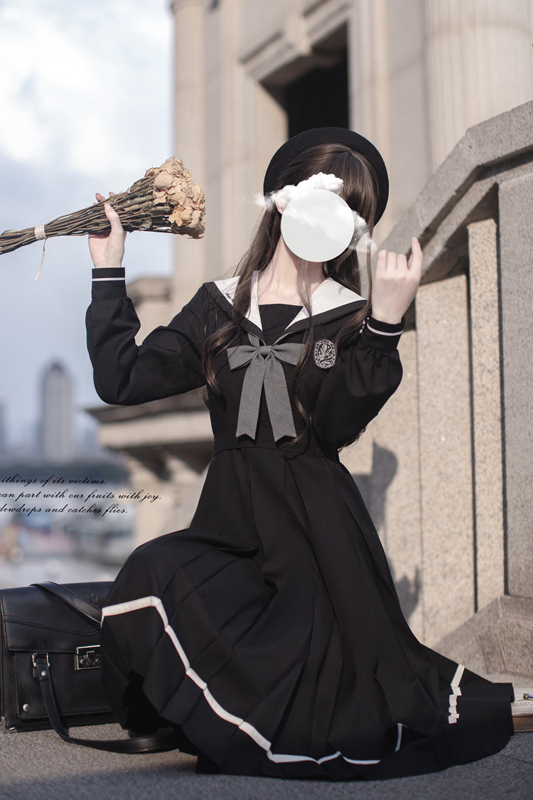 Black Navy Collar Long Sleeves Bowknot Sweet Japanese College Style Elegant (Dress Only) detail view 6