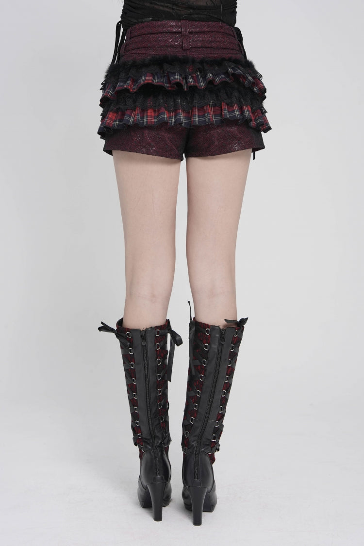 Black/Red Multi-Layered Lace Detachable Eyelet Women's Punk Layered Plaid Falbala Shorts - Product - 4
