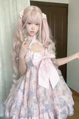 [Ocean Sweetheart] Halterneck Sleeveless Triple-Layered Printed Ruffled Bow Lace Sweet Lolita Strap Dress 5 Colors - Pink - 5